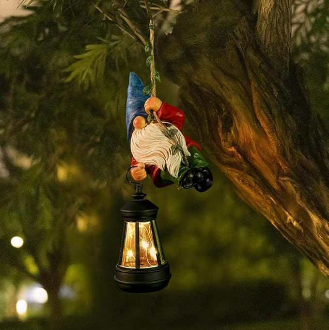 Solar Hanging Gnome Garden Statue Climbing Rope Gnome with LED Lantern Outdoor Decor Tree Hugger Yard Porch Wall Decoration Christmas Gardening Gift for Mom