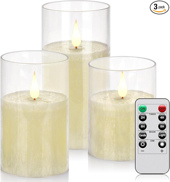 Flameless Flickering Remote Control Candle, Glass Pillar Candle,3 Pack (D:3"×H:4" 5" 6") LED 3D Flame Romantic Candle,Battery Operated Real Wax, Ideal for Wedding, Home Decor Holiday (Ivory)