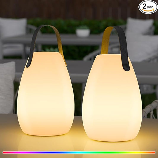 uuffoo 2 Pack Portable Outdoor Table Lamp, Dimmable Cordless Lamp with Remote and 7 RGB Colors IP44 Waterproof Hanging Lamp Indoor/Outdoor Night Lamp Lantern for Bedroom Garden Dining Camping