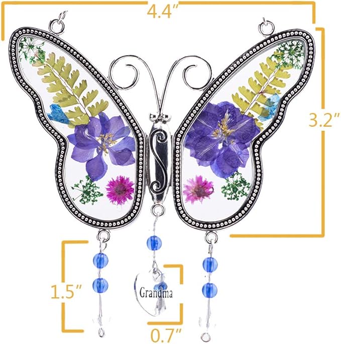 Laraine Butterfly Suncatcher with Pressed Colourful Flower Wings Mom Mother's Day Butterfly Glass Wind Chime Ornament Charm with Metal Heart Gifts for Mom Grandma Birthday (Purple Grandma)
