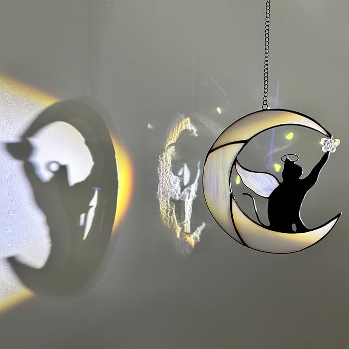 Stained Glass Suncatcher: Angel-Winged Cat Catching Butterfly on Moon - Memorial Gift for Cat Loss