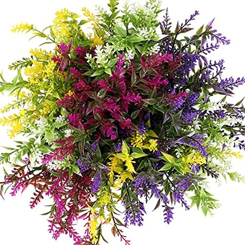 WILLBOND 12 Bundles Artificial Lavender UV Resistant Plants Outdoor Faux Flowers Shrubs for Floral Arrangement, Table Centerpiece, Home Garden Decor (Mixed Color)