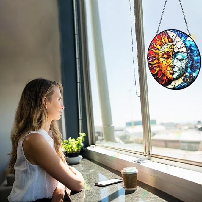 Sun and Moon Decor Stained Glass Window Hanging Suncatchers - Sun Catchers Indoor Window Christmas Decorations - Stained Glass Suncatcher with Hooks and Chain - Celestial Decor Gift for Men Women