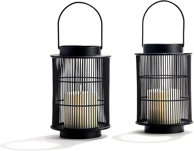 LampLust Outdoor Lantern Decorative Outdoor Patio Decor, Set of 2, 8 Inch Candle Lanterns, Black Metal, Outdoor Lanterns for Patio Waterproof, Battery Included, Modern Farmhouse Front Porch Décor