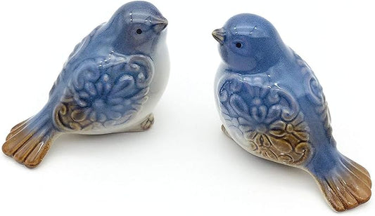 Set of 2 Ceramic Bird Figurines Flower Embellished Garden Statue Home Decor Mini Bird Ornaments