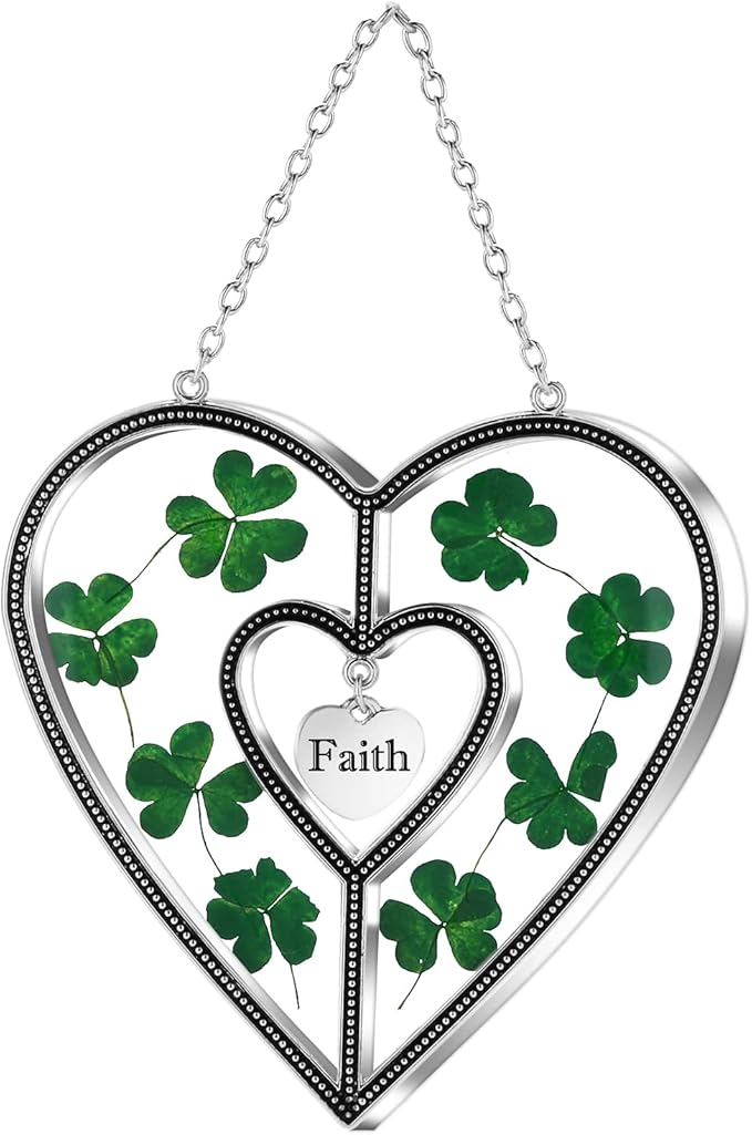 KY&BOSAM Shamrock Heart Suncatcher Faith Suncatcher St Patrick's Day Decoration Grandma Gifts for Windows Hangings Wind Chime with Pressed Flower Gifts for Mom Mother`s Day Valentine's