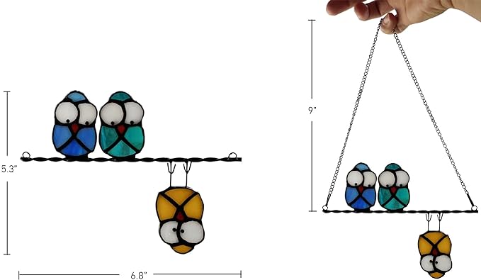 Multicolor Owl on a Wire Stained Glass Window Hanging, Bird Suncatcher for Windows Panels Hangings Hummingbird Ornament Decoration for Wall Home Garden Decor Bird Owl Gift for Owl Lovers