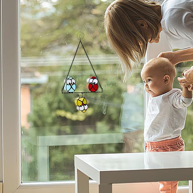 Owls Decor Stained Glass Suncatcher,Multicolor Owl Stained Glass Window Hangings,Bird Suncatchers Deocr for Door Room,Owl Gifts for Mom,Grandma,Bird Gifts for Bird Lovers Women