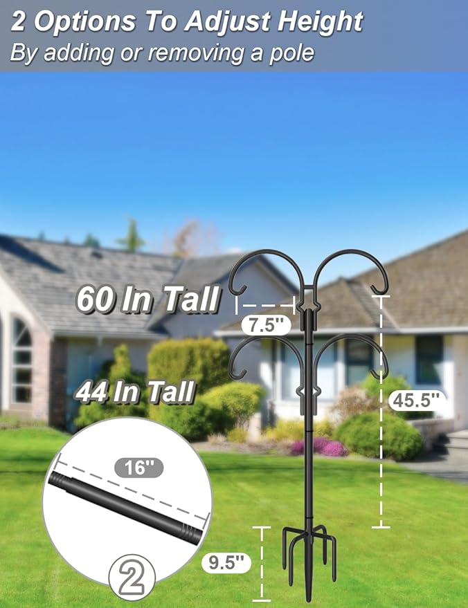 Outdoor Double Shepherds Hook with 5 Prong Base, 60 Inch Adjustable Heavy Duty Two Sided Bird Feeder Pole Stand for Hanging Plant Baskets, Solar Light Lanterns, Hummingbird Feeder, 1 Pack