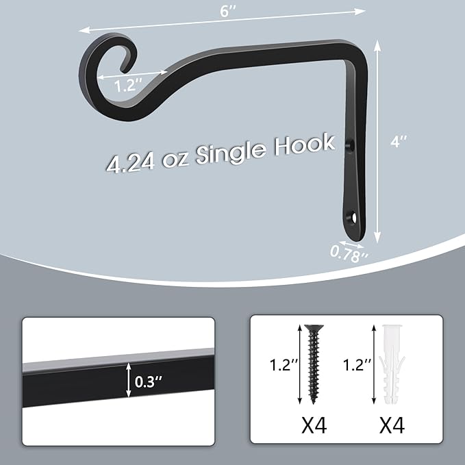 Gtongoko 2 Pack 6 Inch Plant Hangers Outdoor Metal Hanging Plant Bracket Bird Feeder Wall Hooks for Hanging Flower Basket, Wind Chimes, Solar Lanterns, Black