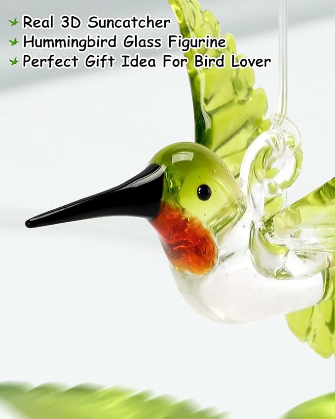 Nefelibata Hummingbird Ornament Glass Green Figurine Crystal Hanging Bird Art Christmas Xmas Tree Suncatcher Window Decor Memorial Gift for Her Friend Bird Lover Set of 1 Party Home Decorations