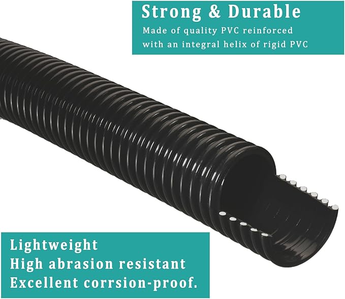 Pond Tubing ID 3/4” × 10ft Black Corrugated Flexible Reinforced Waterfall Pond Tube Sump Pump Hose, Non-toxic & Kinkproof (10 ft, 3/4" ID)
