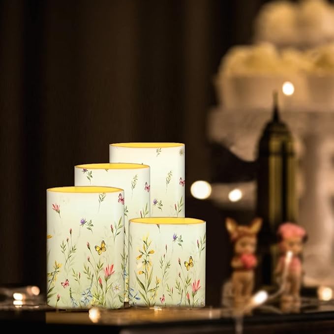LED Flickering Candles Battery Operated Candles Set of 4 with Remote Control Timer Dancing Flame Pillar Candles Home Table Decoration, Floral Green