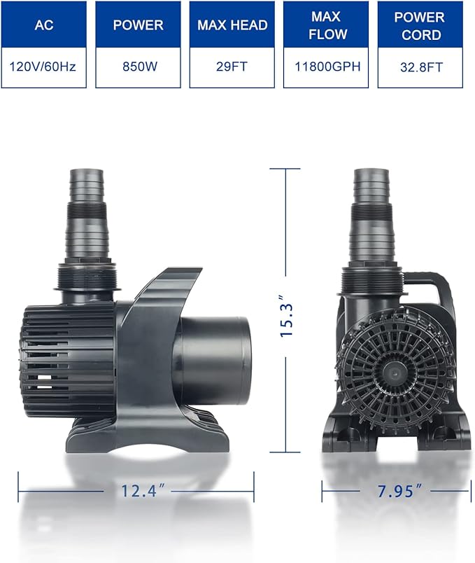 Outdoor Extra Large 11800gph-850W 32.8FT Pond Water-fall & Kio Fish Fountain-s& Garden Pump Submersible IPX8: Long 32.8FT Cord Smart-er&Quieter Duck&Yard&Patio Ponds Pumps,1 Barrier Pump Bag