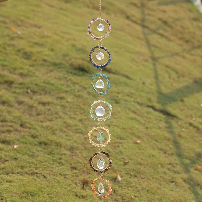 Crystal Sun Catcher Window Hanging 7 Chakra Spheres Gemstone Decor Hanging Ornament Natural Gem Wall Hangings Healing Crystal Decor Handmade Home Window Car Decoration Gift for Mom