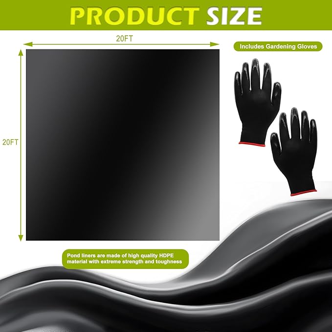 20 x 20 FT Pond Liner, 20 Mil Pond Liners for Outdoor Ponds, HDPE Pond Liner Preformed Easy Cutting Puncture Resistant, Pond Liners for Water Garden Fountain Waterfall, Koi Fish Aquaculture Pond