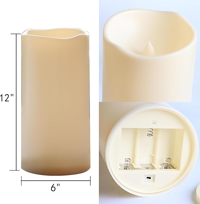 CANDLE CHOICE Extra Large Waterproof Outdoor Flameless Candle 6”(D) x12”(H) Big Tall Battery Operated Pillar with 6-Hour Auto Timer Ivory Plastic Realistic Flickering LED Light for Garden Decorations