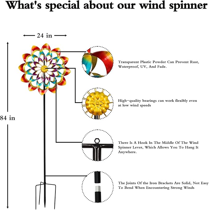Wind Spinners Outdoor for Yard and Garden Large, Metal Wind Spinners & Wind Sculptures 84 inch, Birthday Gift for Women Family Garden Decor(Colorful)