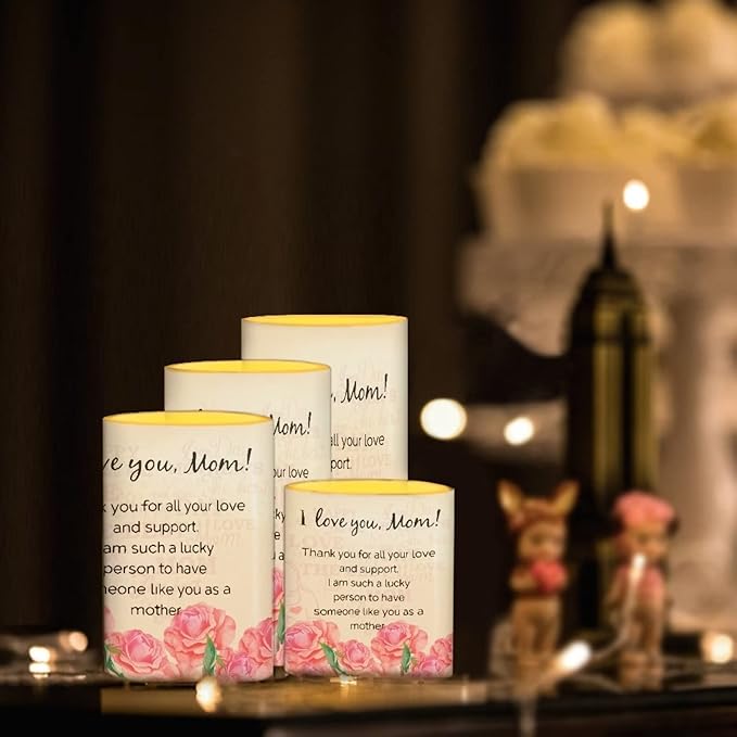 Mother's Day Flameless LED Battery Candles 4PCS Pillar Candles with 18-Key Timer Remote Colorful Light for Party Ornaments, I Love You Mom, Letter to Mother with Rose Print Candles Decor