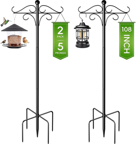 Shepherds Hooks for Outdoor, 2 Pack 108 Inch Heavy Duty Bird Feeder Pole with 5 Prongs Base, Adjustable Shepherds Hook for Hanging Birdhouses, Lanterns, Plant Baskets, Wind Chimes