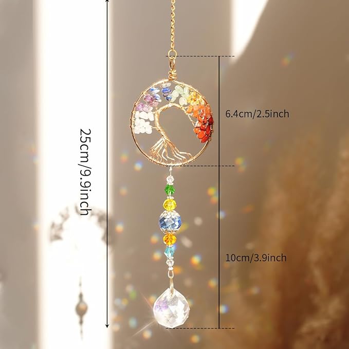 3pcs Tree of Life Chakra Crystal Suncatcher Windows Hanging Gloden Sun Catchers Decor with Prisms for Car, Feng Shui House Warming Gift for Home
