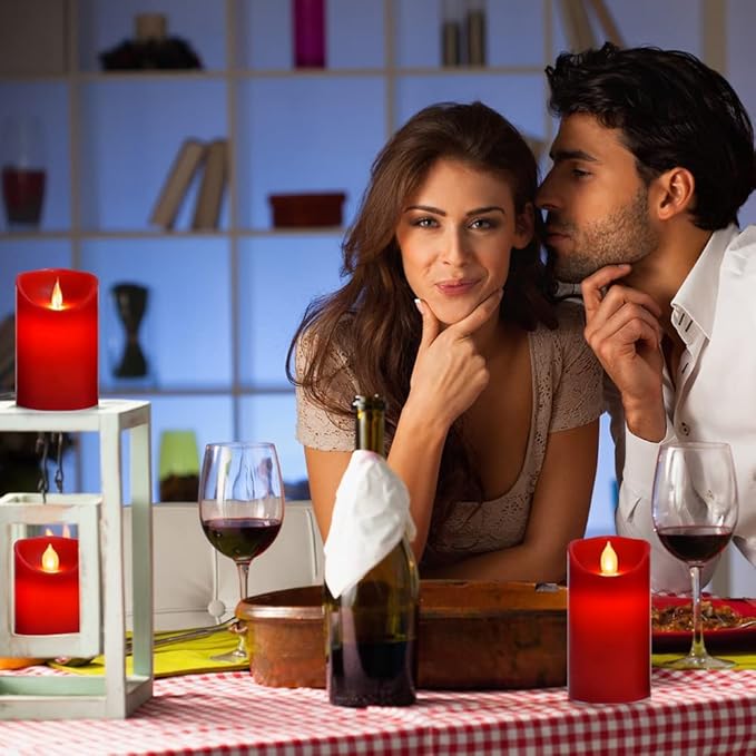 Flameless Battery Operated Flickering Candles:3PACK Red Real Wax Pillar Candle,Electric LED Candle with 10-Key Remote Control and 24 Hours Timer for Home Decoration Holiday Party