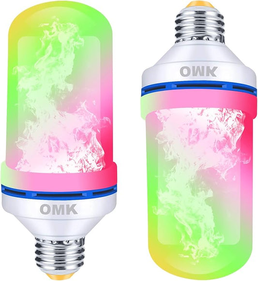 OMK LED Flame Effect Fire Light Bulbs (2 Pack), Flame Christmas Decor 4 Modes Flickering Fire Simulated Lamps, E26 Base Energy Efficient LED Bulb for Indoor/Outdoor Holiday