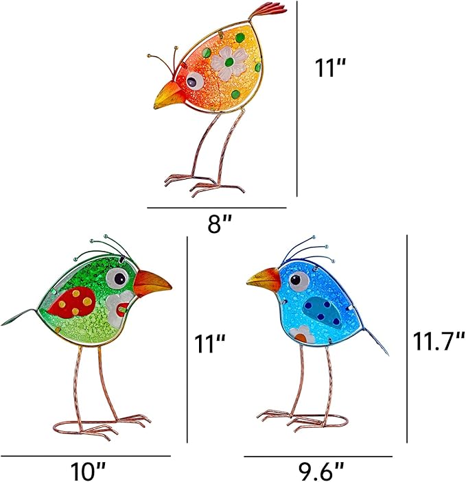 John's Studio Garden Decor for Outside - Outdoor Statue Decorations Metal Bird Glass Yard Art Décor, Lawn Ornaments for Patio Yard Porch, Housewarming Gift - 3 PCS