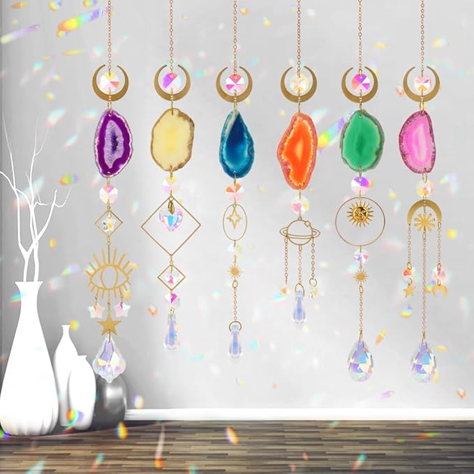 Sun Catcher, 6 pcs Sun Catchers with Crystals Prism Agate Slices Bulk Outdoor Garden Indoor Hanging Decor for Home Car Window Christmas Party Wedding Gift