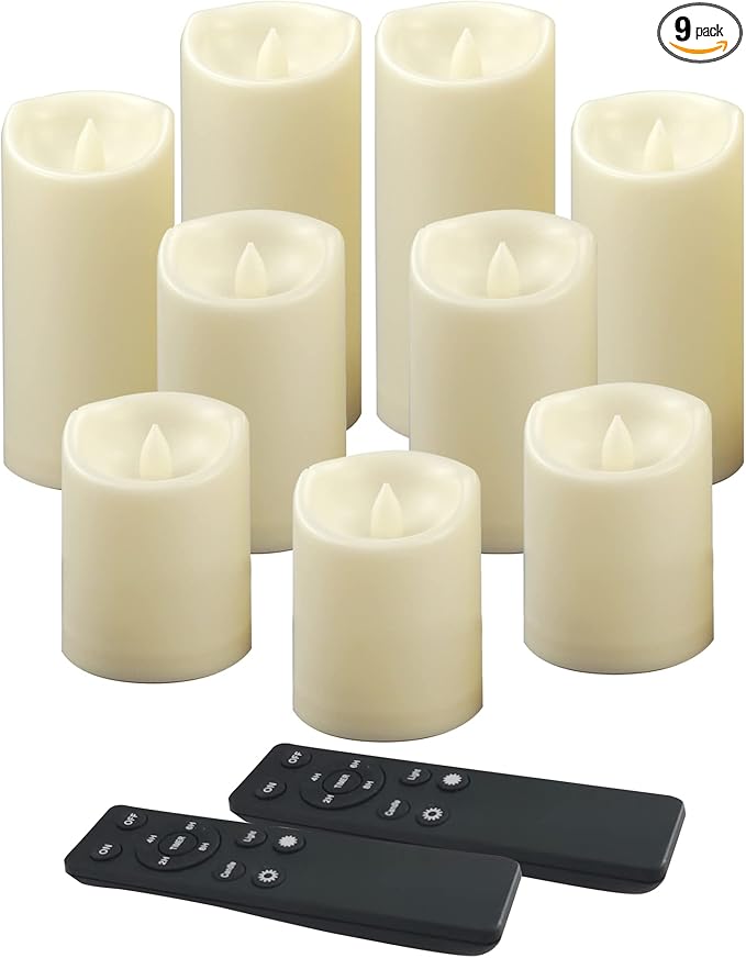 CANDLE CHOICE Waterproof Outdoor Battery Operated Flameless Pillar Candles with Remote Timer White Plastic Realistic Flickering Electric LED Lights Lantern Garden Wedding Christmas Decorations 9 Pack