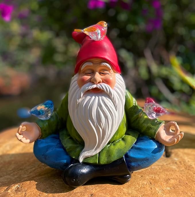 Solar Powered Gnome with Red Hat and 3 Birds Decorated Solar Light, Garden Decorations Statues, Garden Light Decor for Lawn Ornaments, Resin Garden Figurines (Gnome with 3 Birds)
