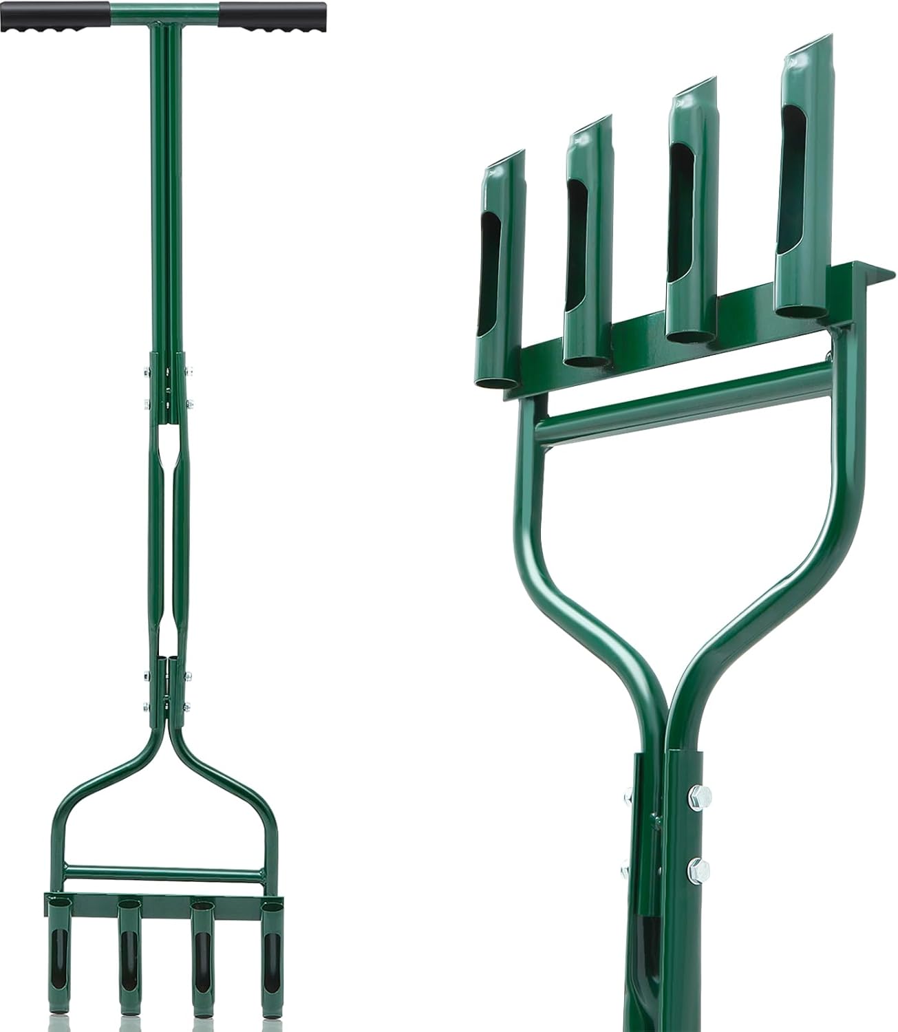 Lasnten Lawn Aerator Tool 42 Inch Manual Core Plug Aerator with 4 Slope Top Half Open Slot Hollow Tines Heavy Duty Plug Core Aerator for Soils Yard Garden, Green