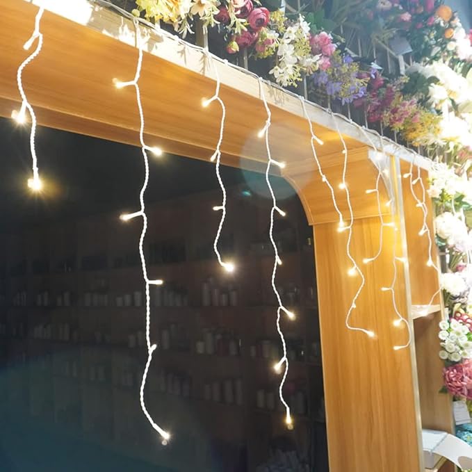 YASENN Bluetooth APP Icicle Lights LED Christmas String Light Icicle Style 300 LED 30ft Fairy Lights 60 Drops Icicle Lights for Indoor Outdoor Decorations(Warm White)