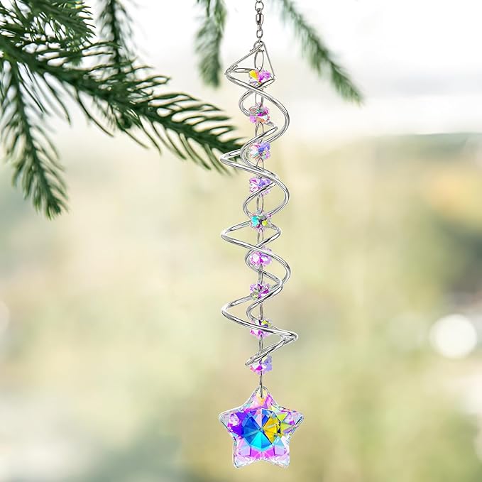 H&D HYALINE & DORA 21inch Crystal Suncatcher for Window Hanging Double-Spiral Design Gazing Ball Spiral Tail Wind Spinners Sun Catchers Rainbow Maker Indoor Outdoor Christmas Decoration