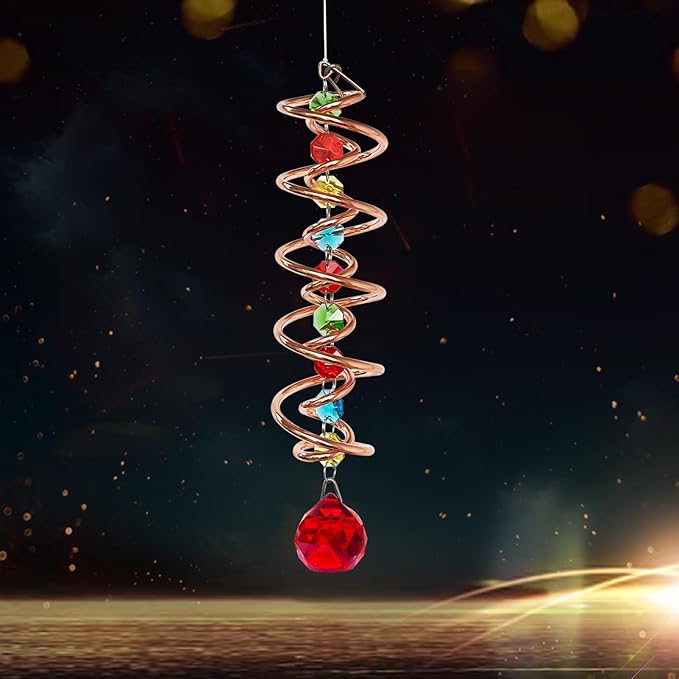 FONMY Gazing Ball Spiral Tail -Decorative Wind Spinner Sun Catcher Rainbow Maker Copper Double-Spiral W/Red Crystal Ball and Chain Crystals Beads for Indoor Outdoor Garden Decoration -14 inch Height