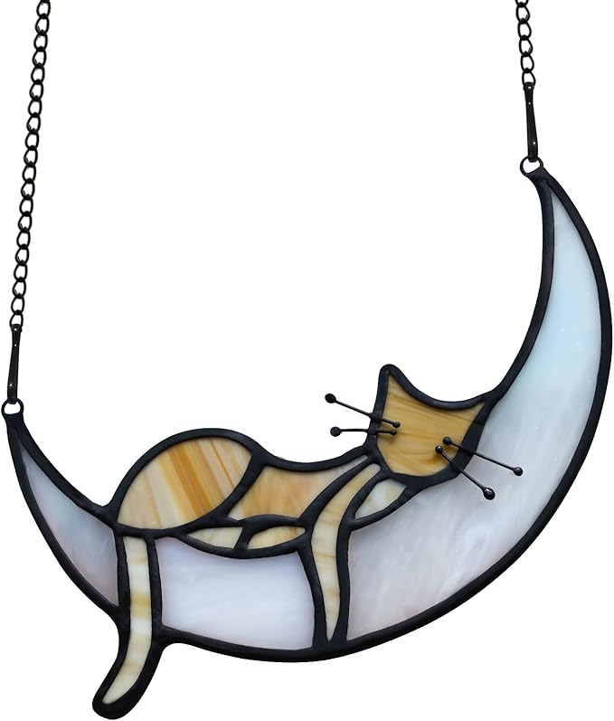 BOXCASA Sleeping Cat Stained Glass Windown Hanging,Yellow Cat on Moon Beautiful Handcrafted Sun Catcher Gifts for Daughter,Mothers Day,Christmas and Cat Lover