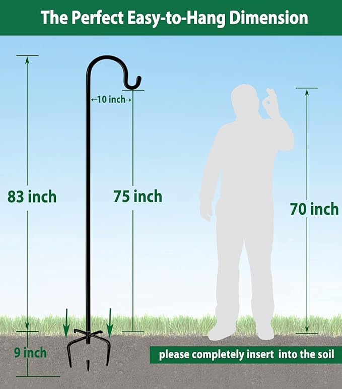 Artibear Adjustable Outdoor Shepherd Hook Stand with 5 Prong Base, 92 Inches Tall 3/5 in Thick, Shiny Black (1 Packs)