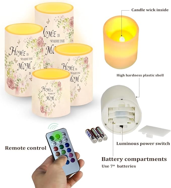 Mother's Day Decor Flameless Light Candles 4 PC, Home Is Where The Mom Is, Battery Operated Candles with Colorful Light Timer Remote Control Fake Tealights Home Ornaments, Pink Rose Butterfly