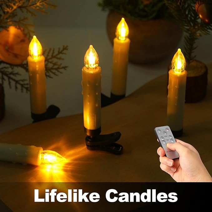 LED Christmas Candles, Flickering Clip on Candles for Christmas Tree, Battery Operated with Remote Timer, Warm White Light, Flameless Taper Candles for Home Christmas Decor, Set of 30