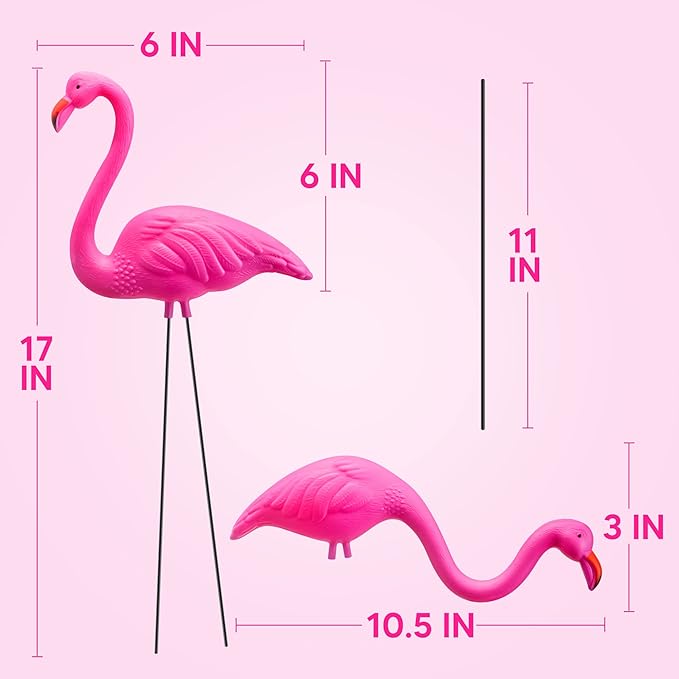 JOYIN Set of 6 Small Pink Flamingo Yard Ornament Stakes, Mini Lawn Plastic Flamingo Statue with Metal Legs for Sidewalks, Outdoor Garden, Luau Party, Tropical Party Decor, 2 Styles