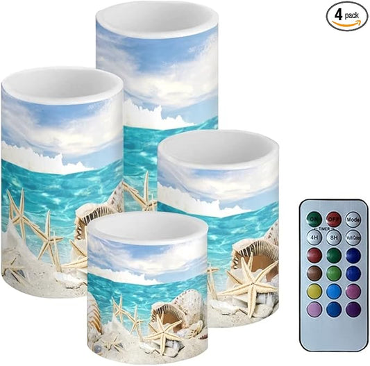 LED Flickering Candles Battery Operated Candles Set of 4 with Remote Control Timer Dancing Flame Pillar Candles Home Table Coastal Decoration, Beach Sky with Starfish