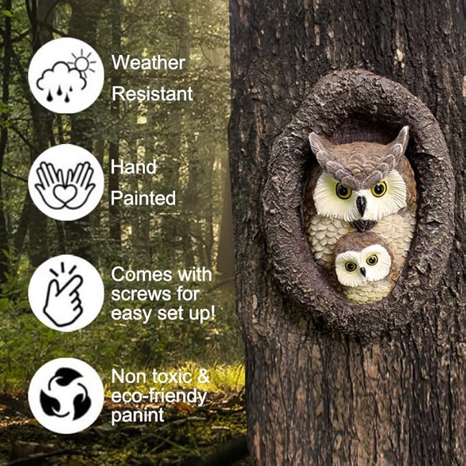 Owl Mom and Owlet Tree Hugger, Outdoor Garden Sculpture Tree Faces, Owl Bird Garden Resin Statue, Tree Peeker Ornament, Durable & Waterproof, Decorations Gardening Presents for Housewarming Birthday