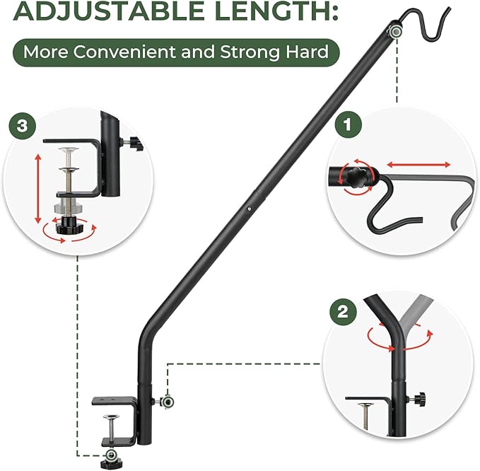 Kingsyard Heavy Duty Deck Hook, 27"-39" Adjustable Metal Deck Railing Hooks for Hanging Bird Feeders, Planters, Suet Baskets, Lanterns, Wind Chimes, Clamp Mounted