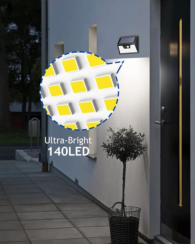 Peasur 140LED Solar Powered Lights Outdoor Waterproof, 3 Packs Motion Sensor Light Ultra-Bright, 3 Modes Fence Security Lighting for Outside Yard Wall Deck Step Garden(Cool White)