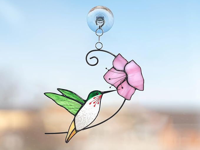 Lolitarcrafts Hummingbird with Flower Stained Glass Suncatcher Bird Stained Glass Window Hangings Hummingbird Gift for Home Decor (Green with Flower)