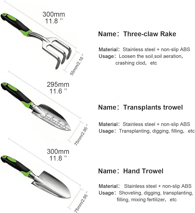 Gardening Hand Tool Set 3 Pack - MDSXO Heavy Duty Gardening Kit with Non-Slip Soft Ergonomic Handle, Great Garden Gift for Women Men[Stainless Steel]