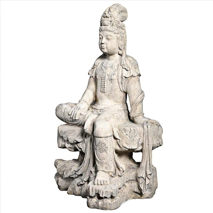 Design Toscano Resting Guan-Yin Patroness of Compassion Asian Decor Outdoor Garden Statue, 35 inch Tall, Fiberglass Cast Stone Resin, Limestone Finish
