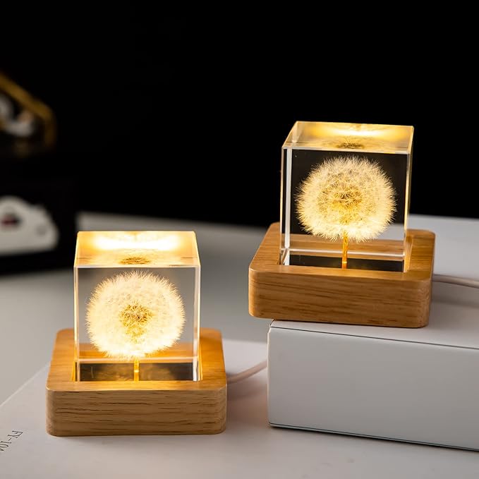Flower Crystal Ball Night Light,2.4 inch Glass Ball Night Lamp with Woodern Base (Dandelion 1)