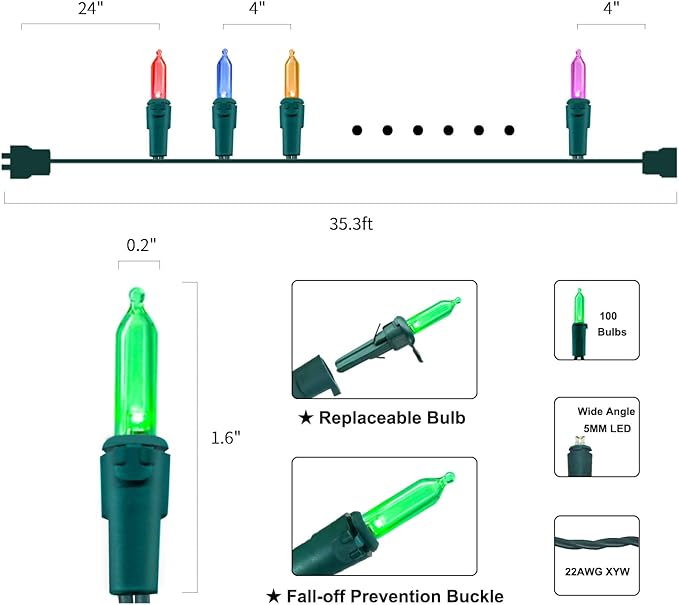 Multicolor Christmas LED Lights - 2 Pack 100 Count Multi-Colored Holiday String Lights for Tree, Party, Wedding, Indoor/Outdoor Use, 2 Sets 33 Feet Green Wire, UL Certified, Connectable