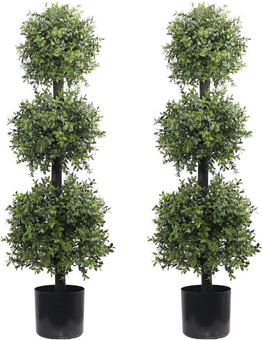 38''T Outdoor Boxwood Triple Ball Topiary Potted Plant Anti-UV Front Door Decor 2Pack
